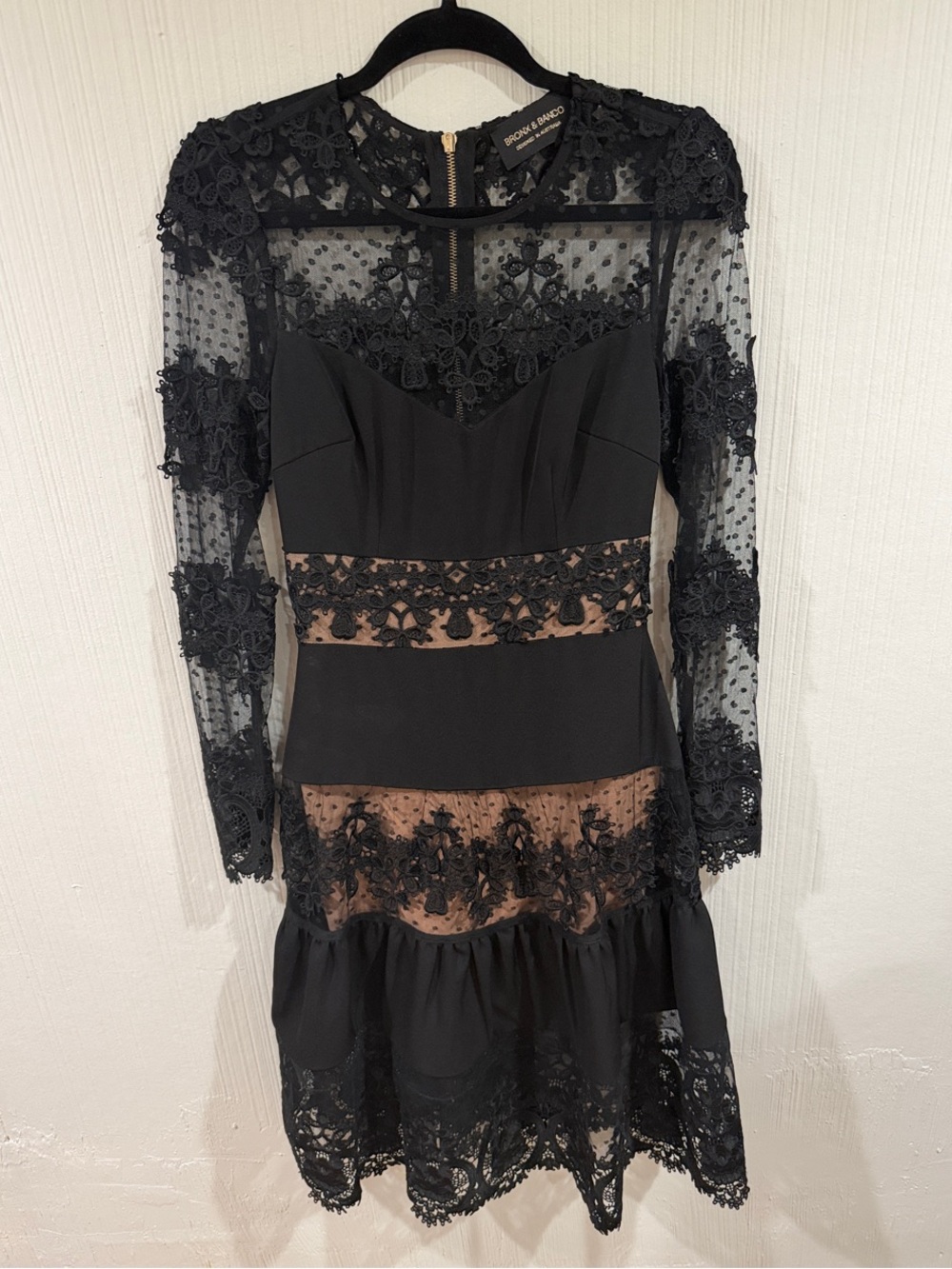 Bronx and Banco Black Lace Overlay Long Sleeve Dress